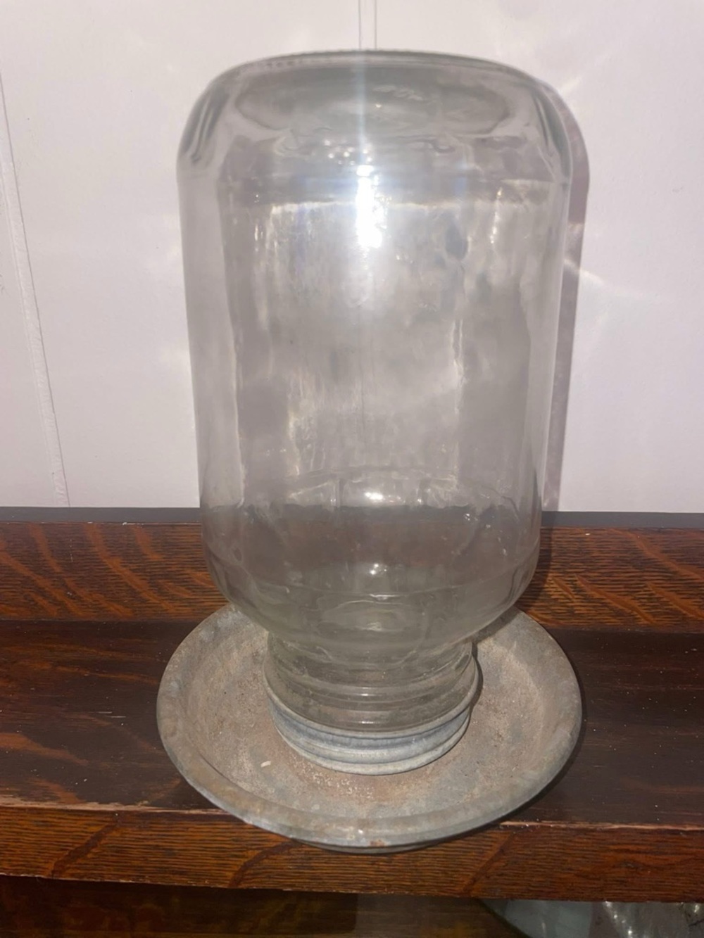 Vintage Chicken Waterer Clear Glass Jar with Rustic Metal Base